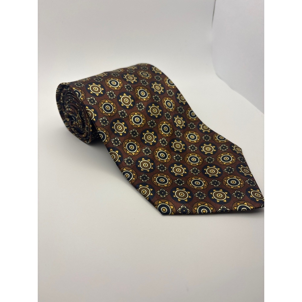 Manhattan Wash n Wear Mens Tie Brown Gold Navy Geometric Medallion Polyester